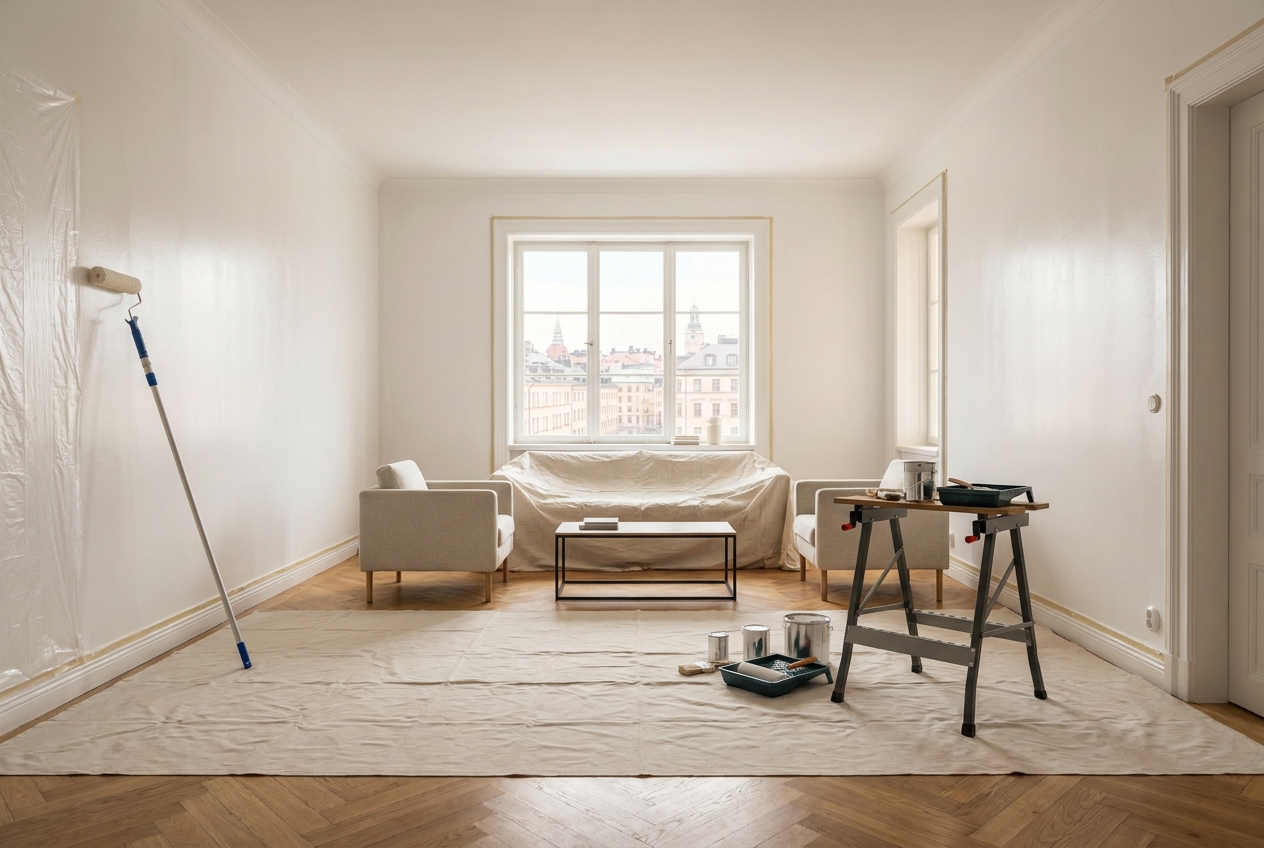 Peinture appartement Luxembourg : salon lumineux aux murs fraichement repeints en blanc