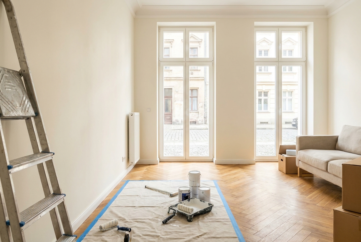 R\u00e9novation appartement Luxembourg : mur fra\u00eechement peint dans un s\u00e9jour lumineux