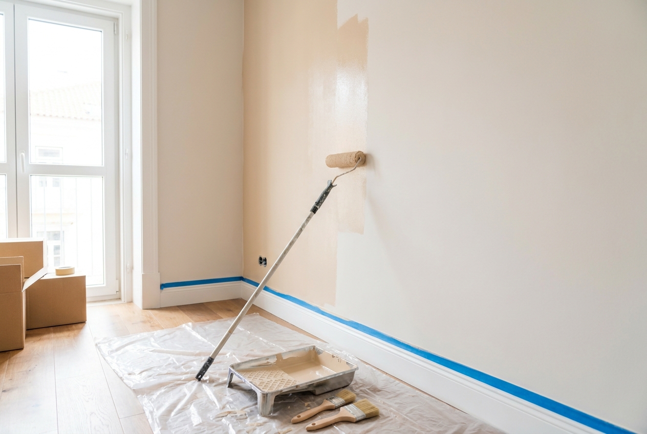 Mur de chambre repeint au rouleau, illustrant comment peindre une chambre