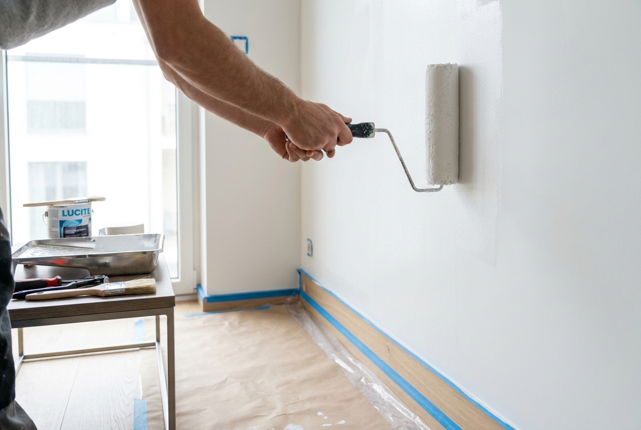 Peintre professionnel d'une entreprise peinture Luxembourg appliquant une couche sur un mur int\u00e9rieur