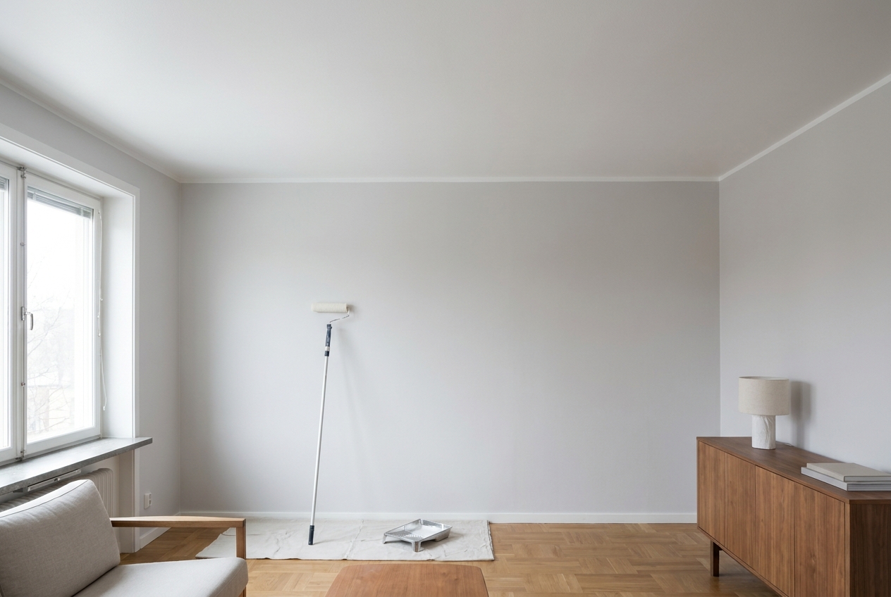 Plafond fraichement repeint en peinture mate blanche dans un salon lumineux, illustrant le choix peinture plafond mat ou satin