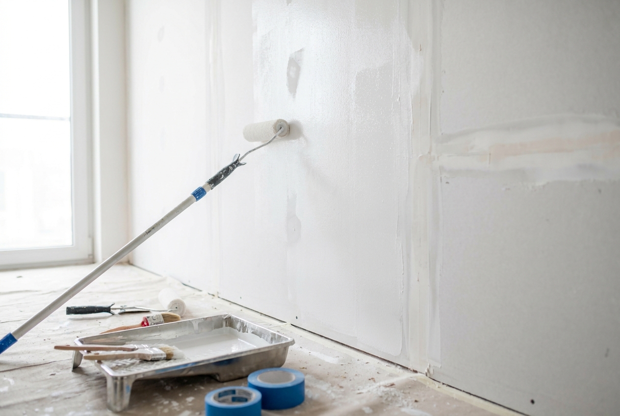 Mur en placo neuf en cours de peinture avec rouleau et sous-couche