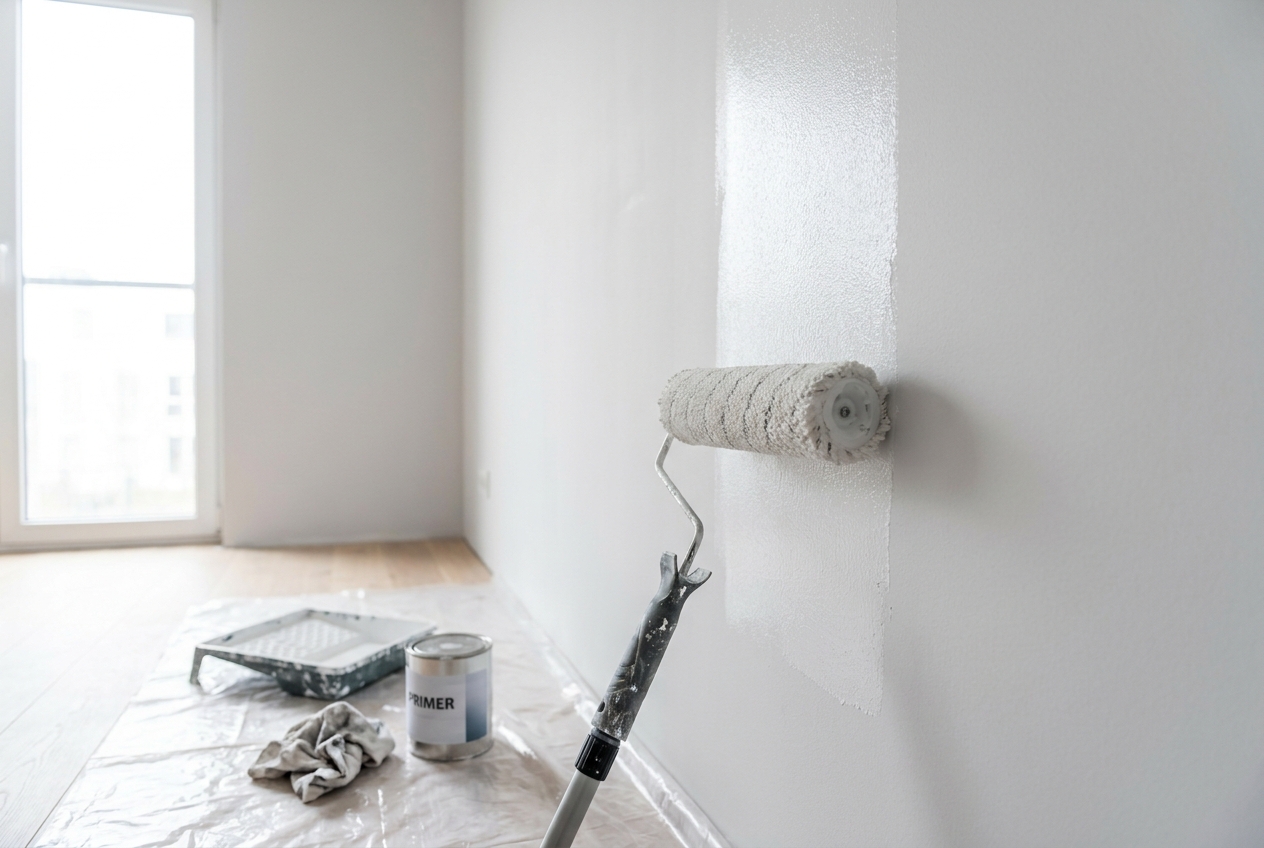 Rouleau appliquant de la peinture sur un mur en placo lisse sans poncer