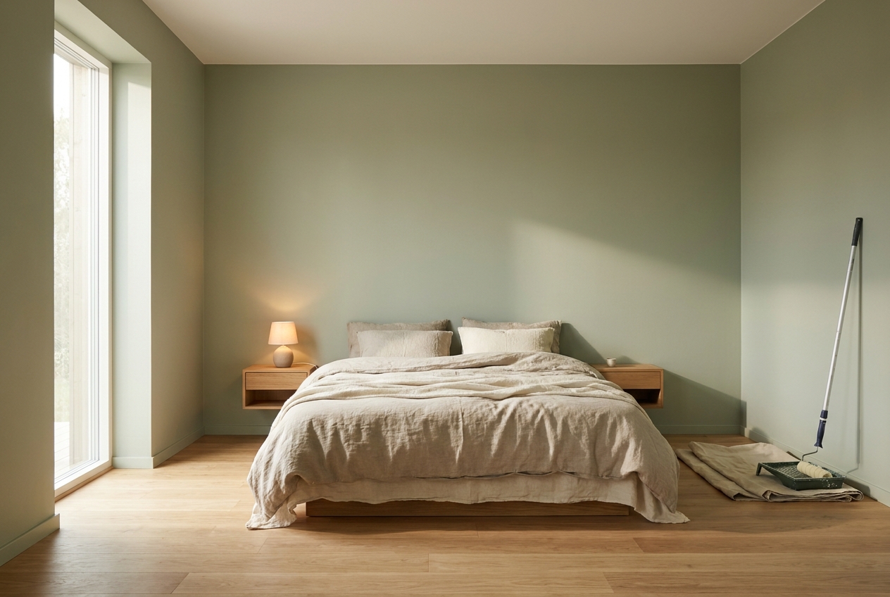 Chambre lumineuse repeinte dans une teinte vert sauge, exemple pour choisir quelle couleur pour une chambre