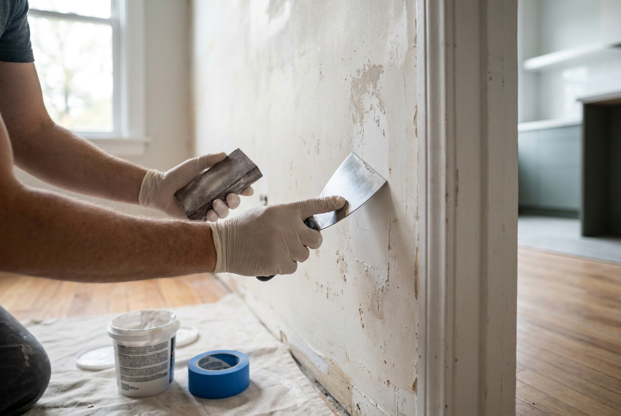 Pr\u00e9parer un mur d\u00e9j\u00e0 peint avant peinture : pon\u00e7age et rebouchage dans un int\u00e9rieur \u00e0 Luxembourg