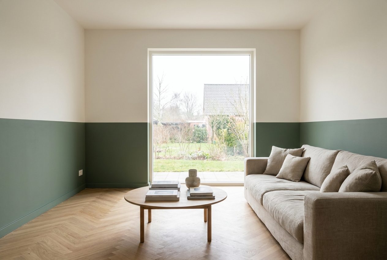 Salon moderne avec peinture deux tons, mur bas vert profond et partie haute beige clair