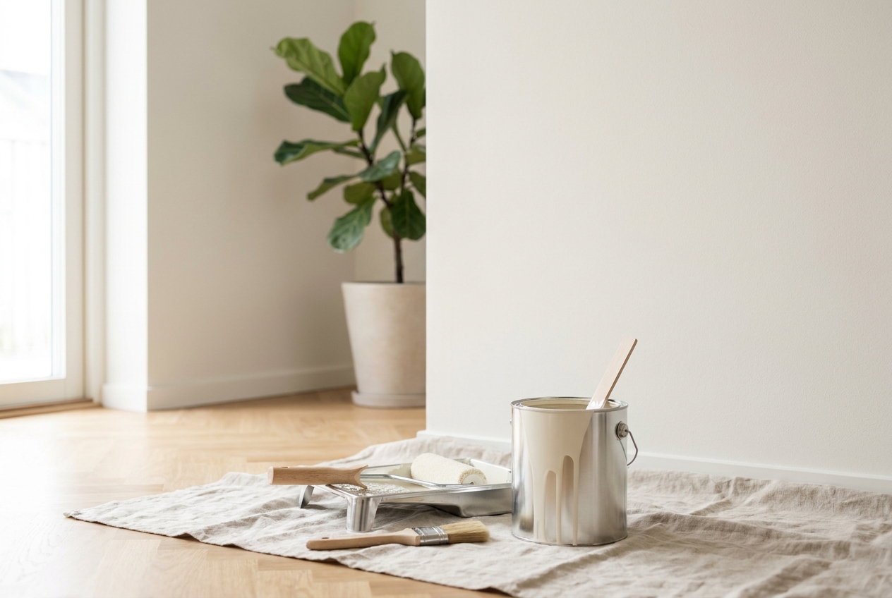 Pot de peinture écologique intérieur et rouleau devant un mur mat clair fraîchement peint